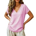thumbnail image 5 of MaFYtyTPR Women's V-Neck Plaid Blouse Solid Short Sleeve Loose Fit Checkered Tops for Summer Daily Casual Wear Pink XL, 5 of 6