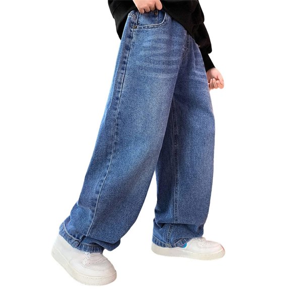 UACY Boy's Kids Baggy Jeans Elastic Waist Pull On Denim Pants Fleece Winter Straight Wide Leg Jeans (Light Blue, 11-12 Years)