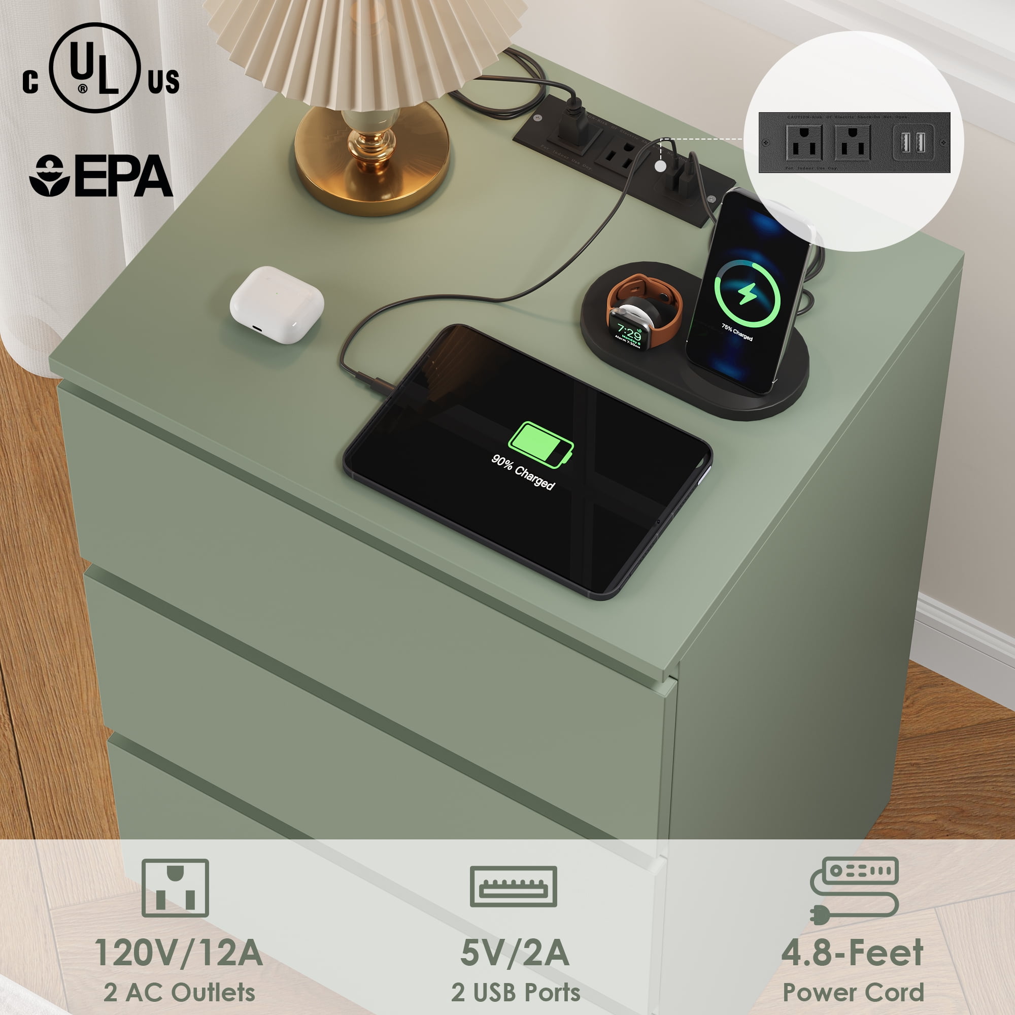 Homfa 3 Drawers Nightstand with Charging Station, Side Table with Storage for Living Room, Bedside Nightstand for Bedroom, Green