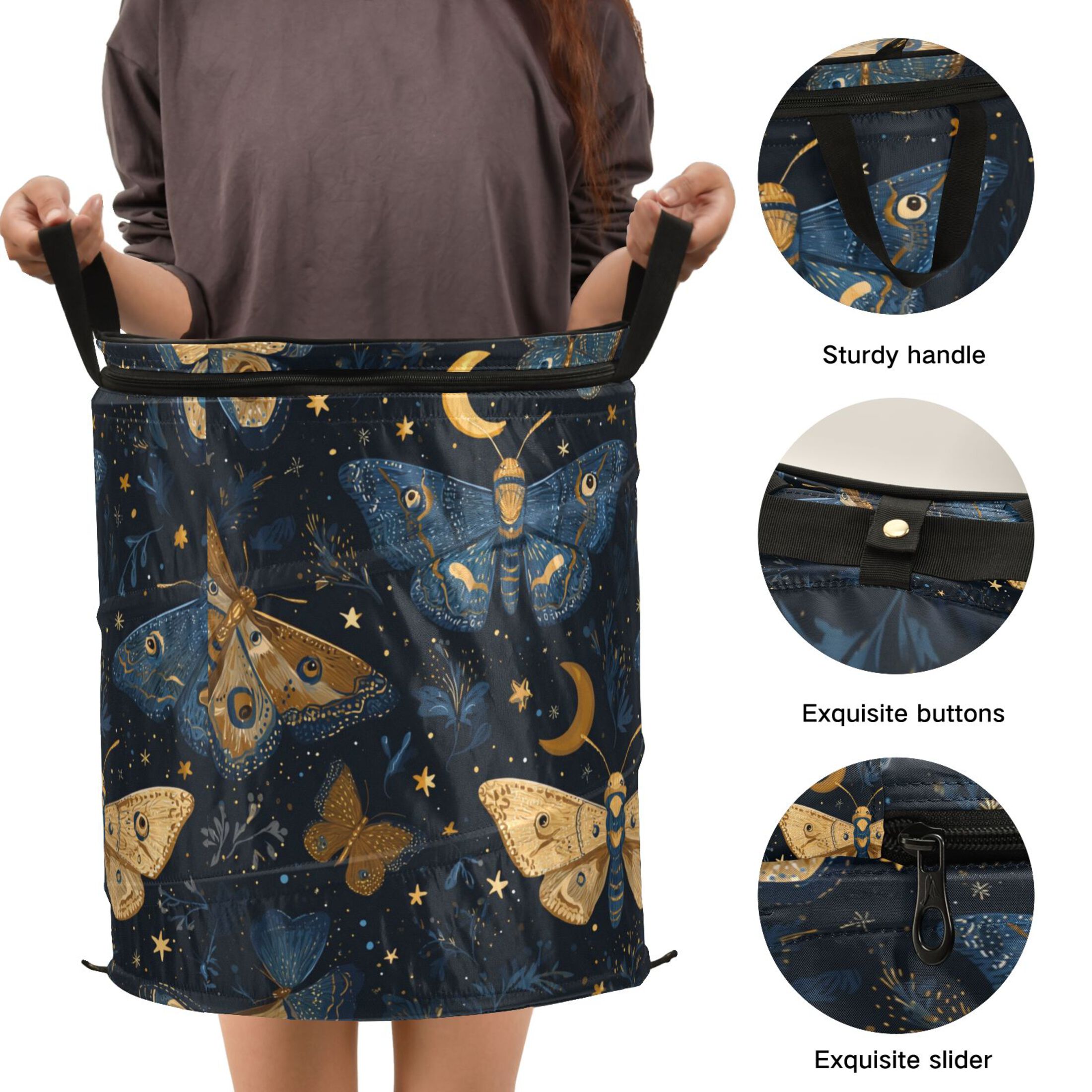 50L Extra Large Popup Hamper Collapsible Laundry Basket With Zippered Lid 15.7x18.5in Butterflies Moon Vector