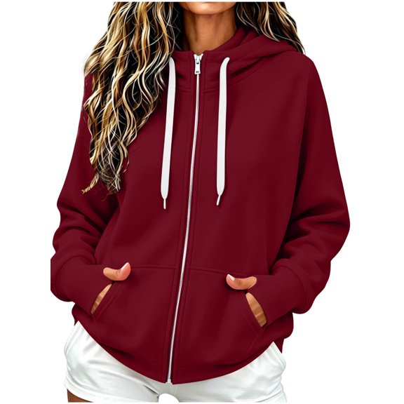 Hoodies for Women Baeitkot Fashion Women Solid Color Zip Drawstring Pocket Jacket Top