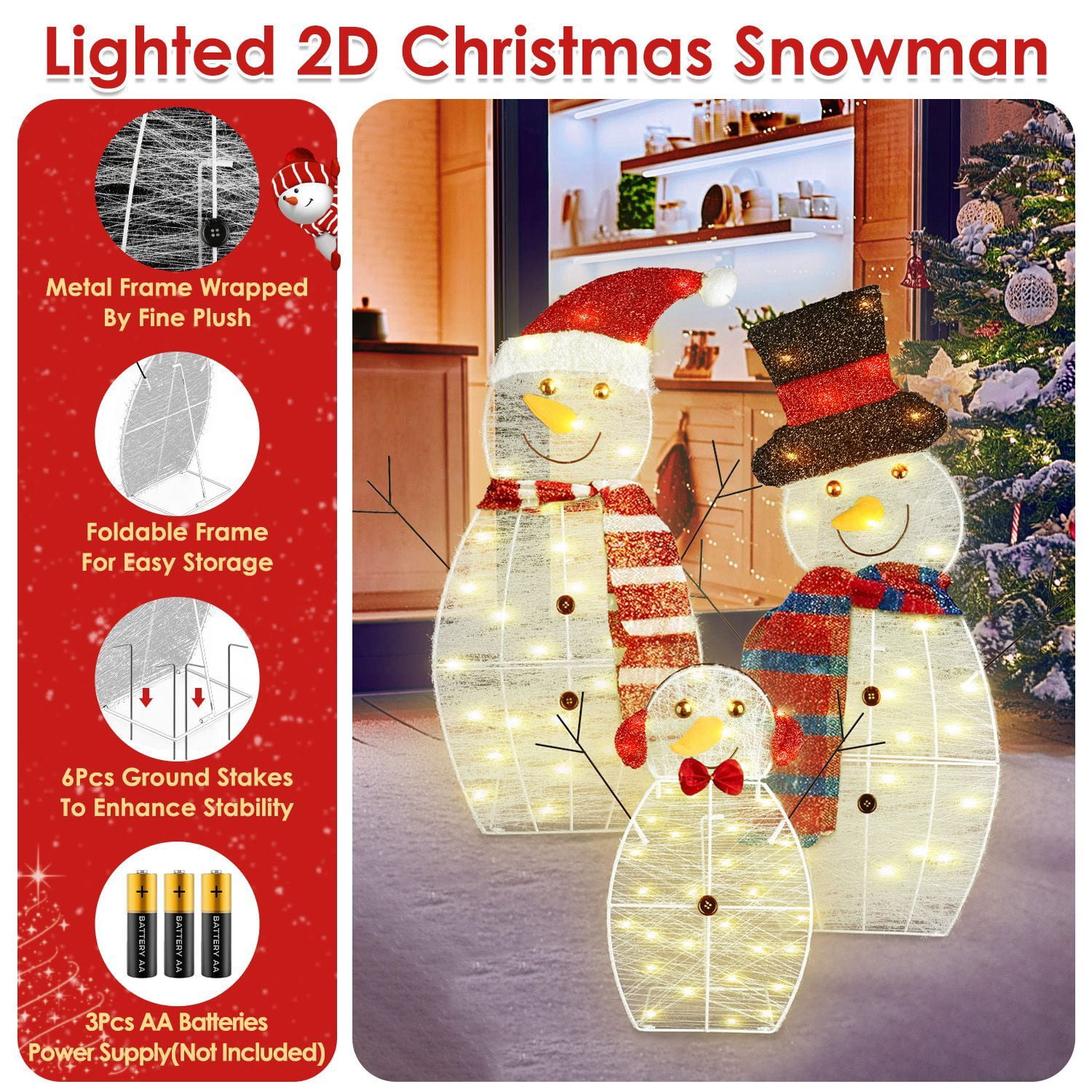 3Pcs 2D Christmas Snowman Yard Decoration Snowman Family Outdoor Decoration With 60Pcs LED Warm Yellow Lights IP44 Waterproof For Christmas Indoor Outdoor Holiday Display