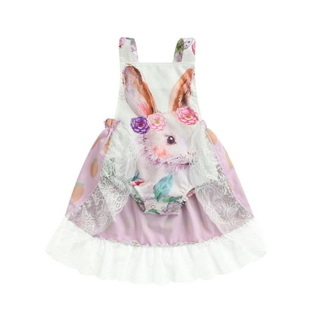 

Amuver Baby Girls Sleeveless Romper Cartoon Bunny Print Summer Short Jumpsuit with Lace Patchwork Cloak