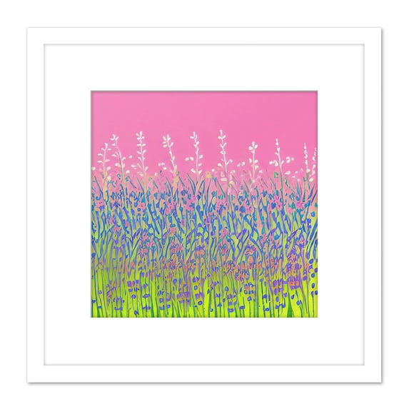 Abstract Floral Pink Violet Green Meadow Lavender Field Painting Square Wooden Framed Wall Art Print Picture 8X8 Inch