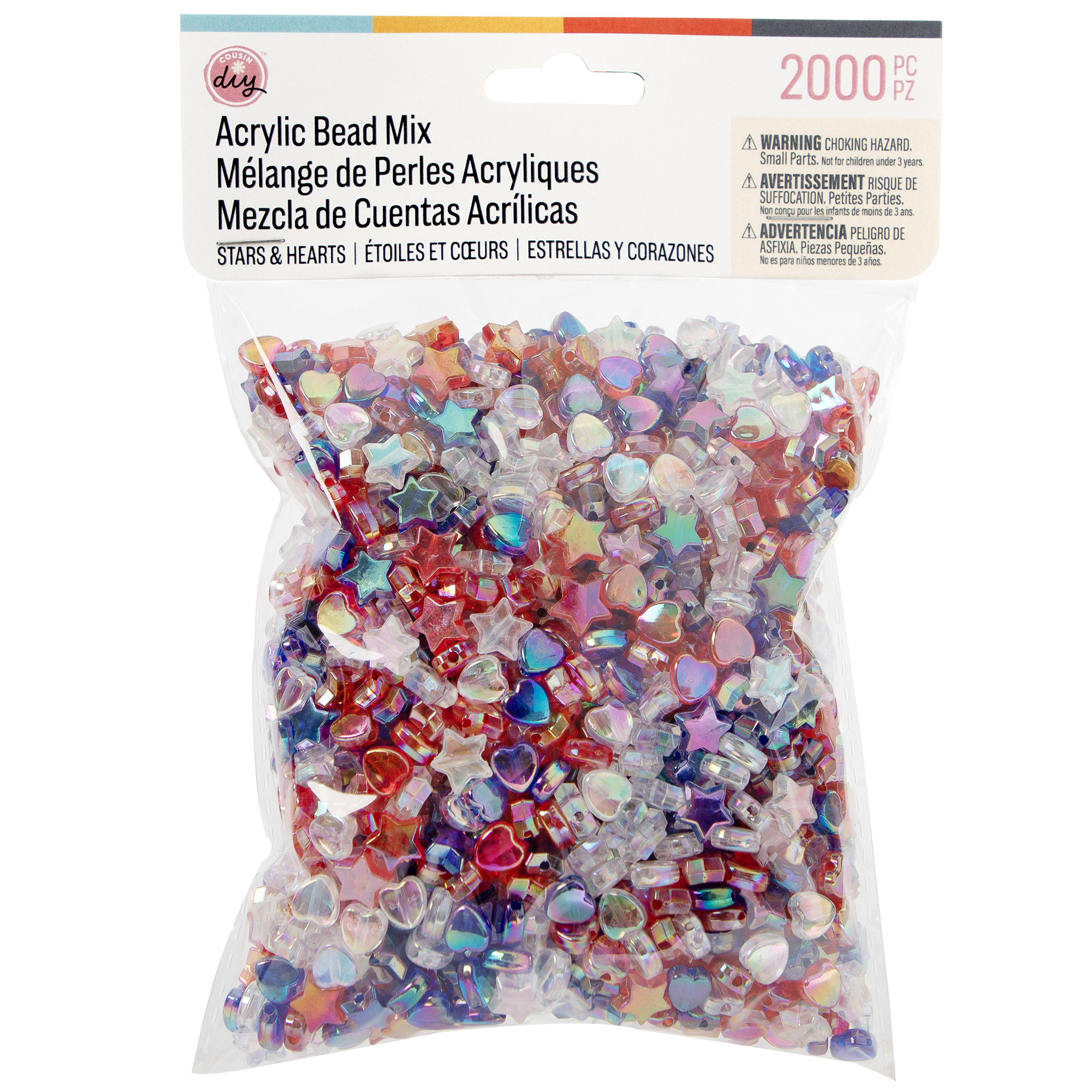Cousin DIY Bead Mix for Jewelry Making, Patriotic Red White & Blue Stars and Heart Beads, 2000 Pieces