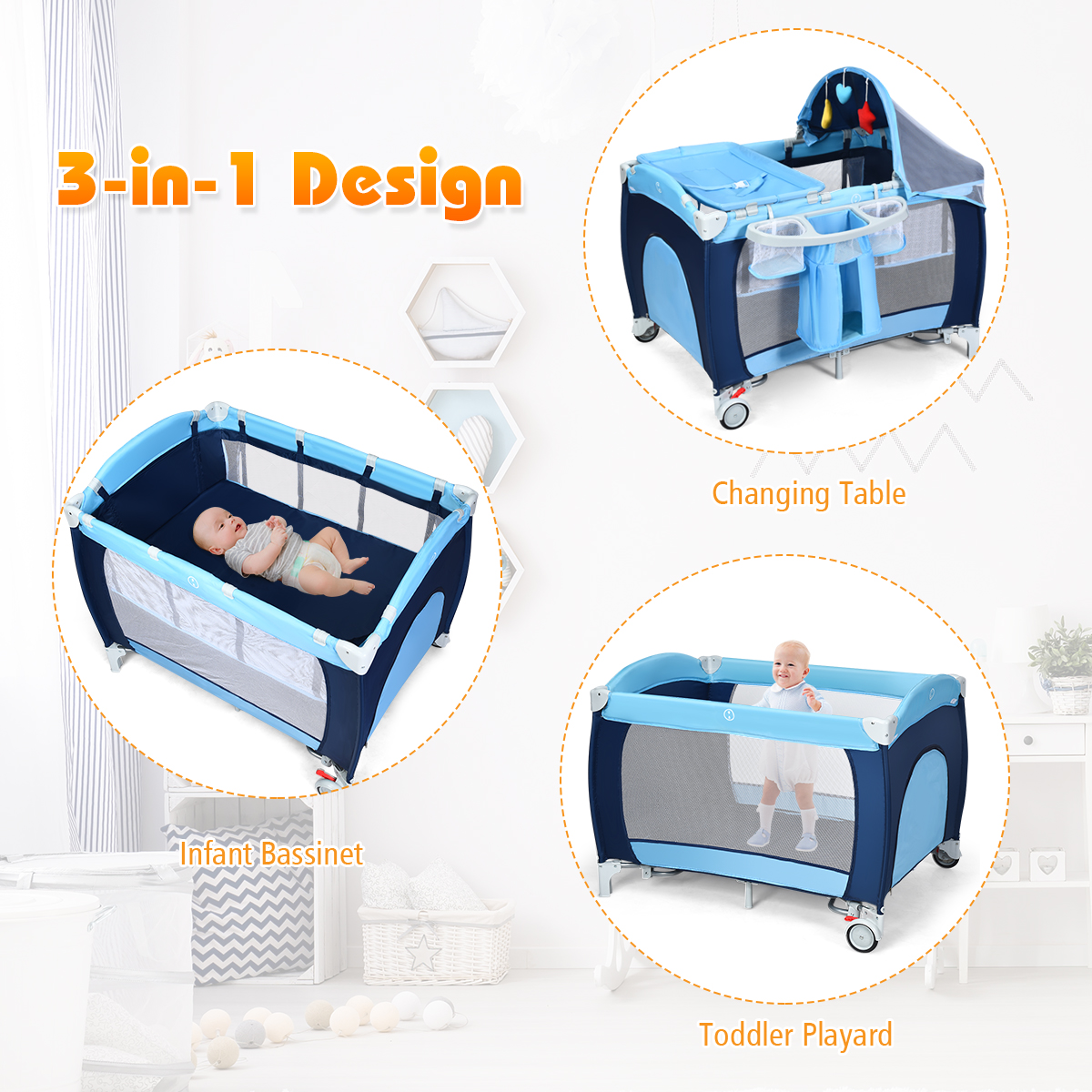 Costway Foldable Baby Crib Playpen with Bassinet and Mosquito Net photo 6