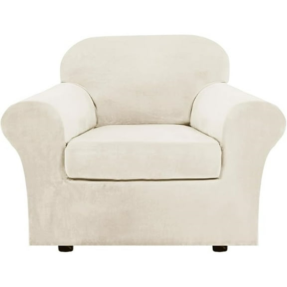 Velvet Plush Couch Cover Stretch 2 Piece Chair Cover Chair Slipcover Washable Furniture Protector Couch Soft with Elastic Bottom Armchair Cover- beige