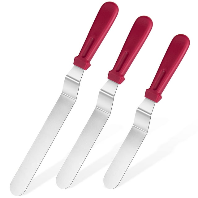 U-Taste Offset Spatulas Set of 3, 420 Stainless Steel Metal Angled Icing Spatula Spreader Smoother with 6/8/10 inches Length Blade and PP Plastic Handle for Cake Decorating Frosting Baking (Red)