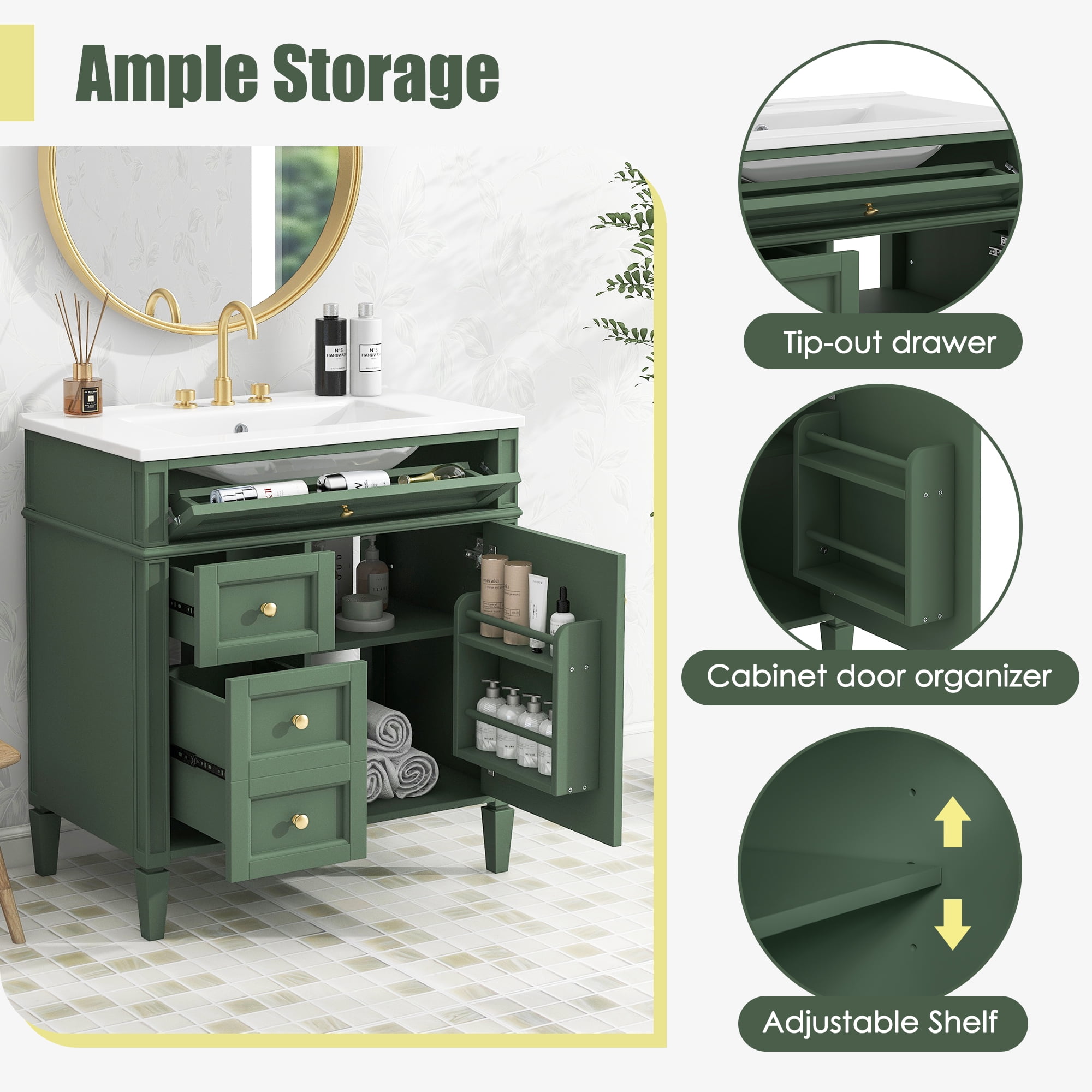Euroco 30” Bathroom Vanity with Sink, Modern Freestanding Bathroom Cabinet with Tip-Out Drawer, Soft-Close Doors & Shelves, Hidden Storage Organizer