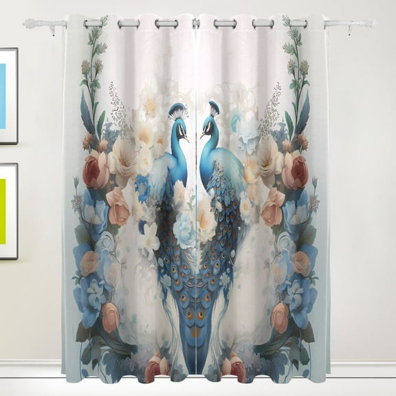 Peacocks Flowers Floral Leaves Green Black Out Curtains 84 Inch Length Curtains for Sliding Glass Doors Bedroom Living Room 2 Pack