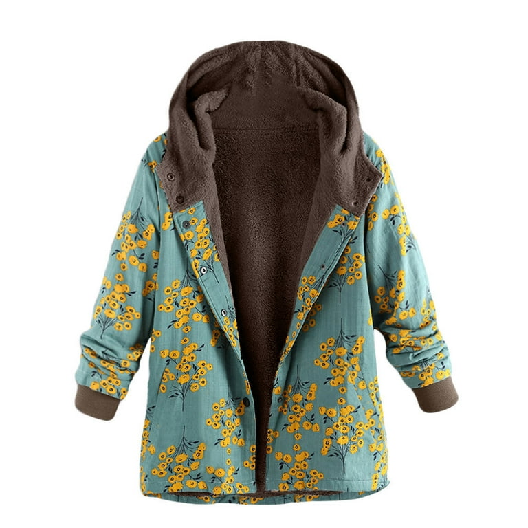 Floral print hooded long 2025 sleeve pockets vintage coat