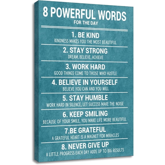 Motivational Wall Decor 8 Powerful Words for the Day Canvas Poster, Teal White Inspirational Office Wall Art, Single Panel Framed Canvas for Bedroom Gift, 18x12 Inch