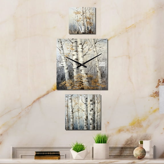 Designart "Birch Trees in Silver Tones Breathing in the Scenery" Trees Extra large Clock For Office Décor - Large Traditional Wall Clock - Oversized Silver Wall Clock - Set Of 3