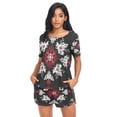 thumbnail image 4 of Women Pajama Sets Short Sleeve Sweatshirts Crimson and White Floral Snowflakes Casual Tops and Shorts, 4 of 7