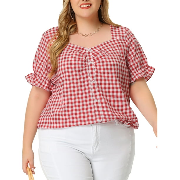 Blusas de Cuadros de Talla Grande para Mujeres Agnes Orinda, Escote en V de Corazón, Mangas Cortas Abullonadas con Decoración de Botones, Verano 1950s 4X Rojo
