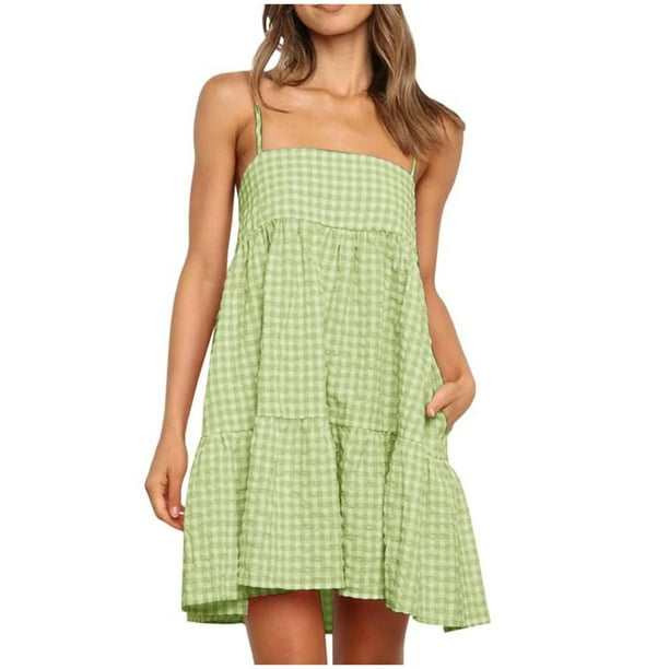 Vestido de Camisa Cuadrada para las Mujeres A-Línea Correas de Hombro Mini con Borde de Volantes, Vestido de Bolsillo Lateral Casual para Primavera Verano Otoño Diario Y Fiesta