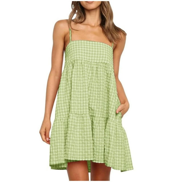 Staron Robes Décontractées pour Femmes Été Bohème Ourlet à Volants Bretelles Spaghetti Fluide Ligne A Robe d'Été Décontractée avec Poches Ample Printemps Mignonne Sans Manches Plage Vacances Robe Courte