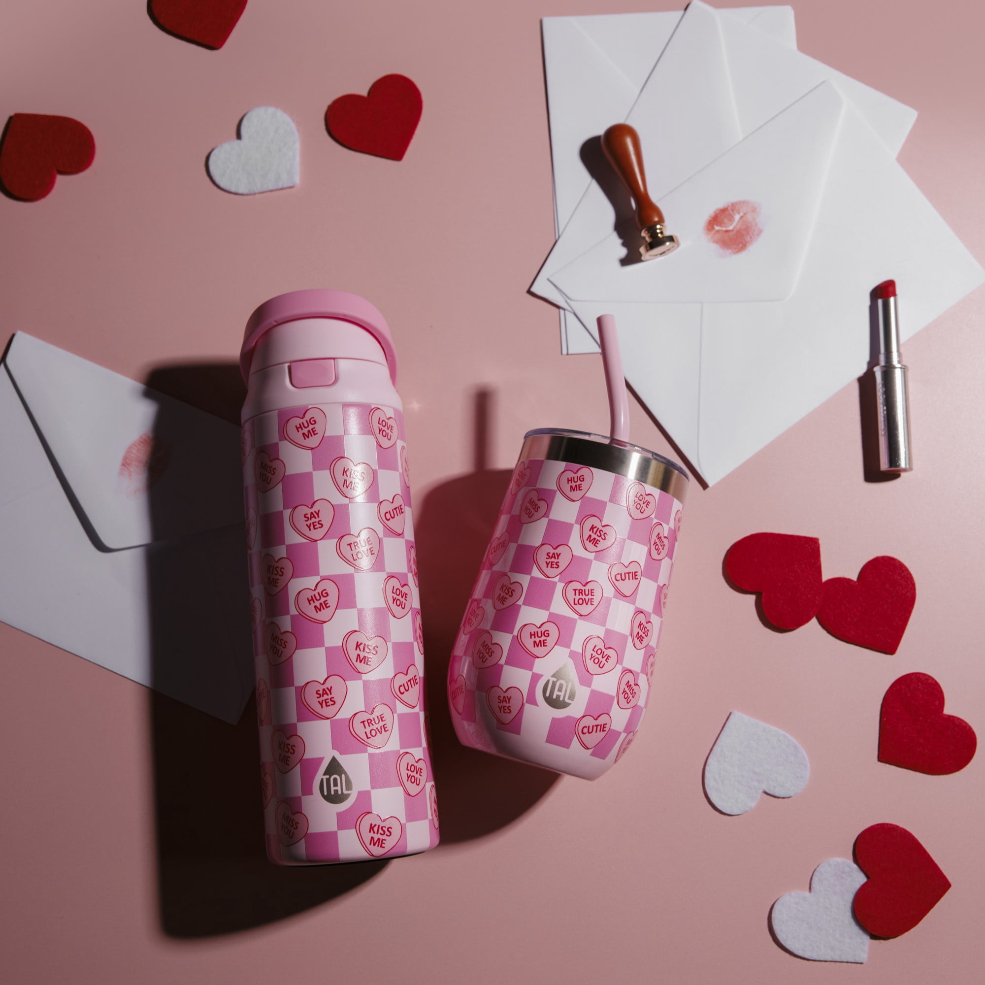 TAL 16oz Stainless Steel Wine Tumbler with Straw, Candy Hearts