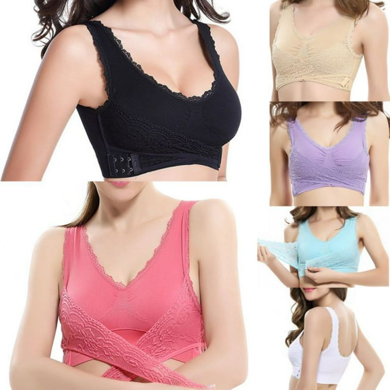 Women Sleep Bra Front Cross Side Buckle Gathered Lace High Elastic Wire  Free Bra Shockproof Sleep Underwear Black M