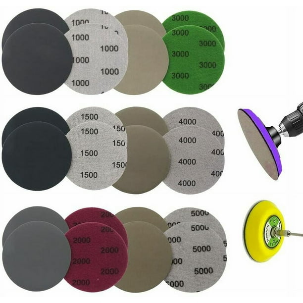 Juego de 24 discos de lijado, papel de lija redondo, discos de lijado con velcro de 75 mm, discos de lijado húmedos y secos 1000/1500/2000/3000/4000/5000 para flocado, papel de lija