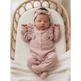 thumbnail image 5 of Cjfdfy Newborn Baby Girl Footed Romper Fall Winter Outfits Solid Color Bow Ruffled Long Sleeve Jumpsuit with Bow Headband cute Knit Ruffle Button Romper 0-9 Months, 5 of 9