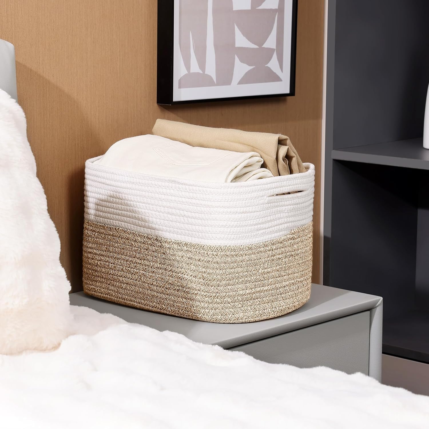 Baskets for Organizing - Cotton Rope Baskets for Shelves, 12” Decorative Woven Baskets for Storage, Organizer Bins for Living Room, Laundry, Bedroom, 4 Pack, White/Brown