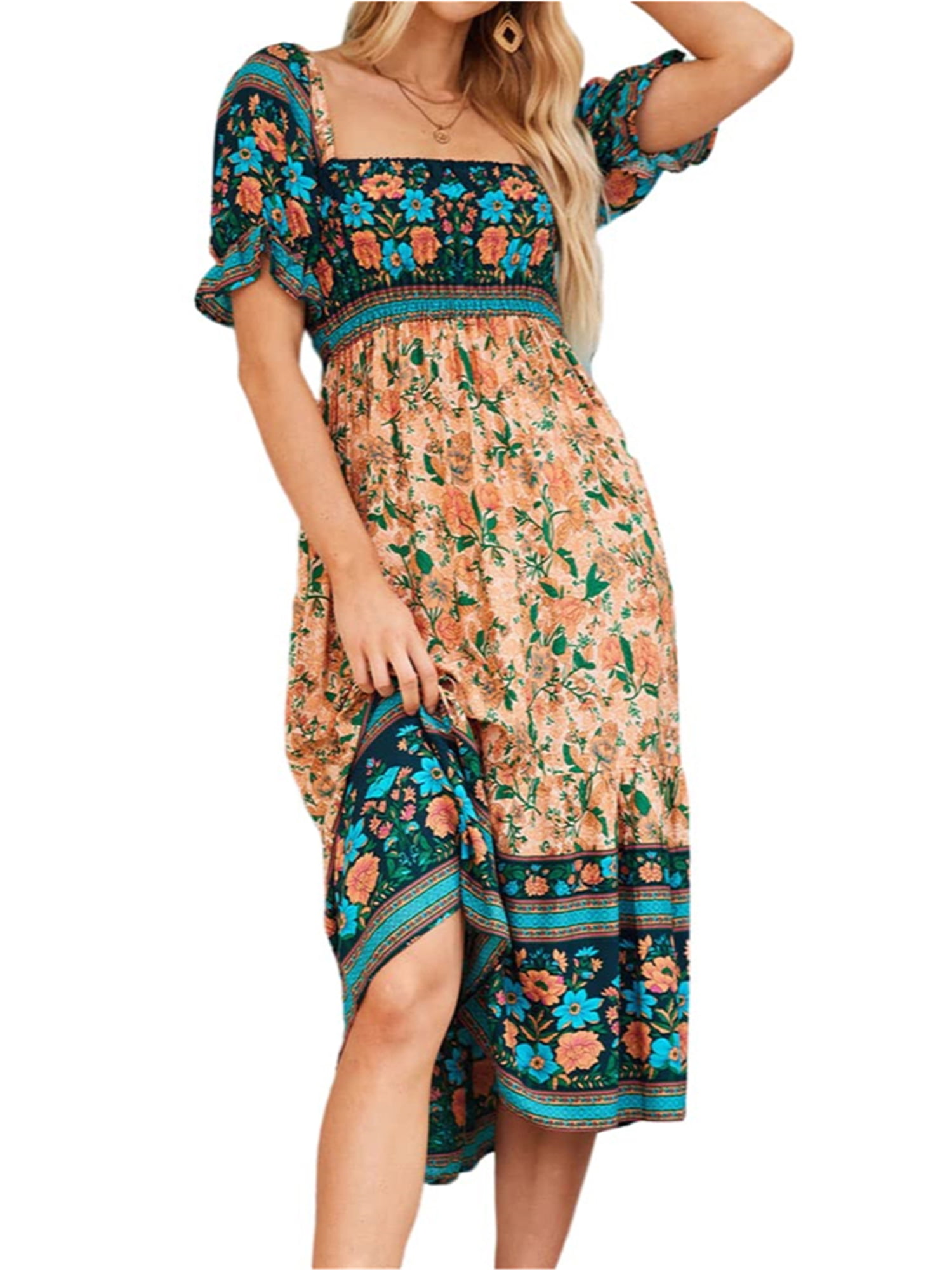 Eyicmarn Women Summer Bohemian Dress Short Sleeve Pleated Chest Floral