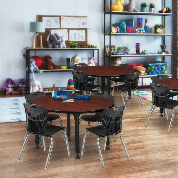 Regency Kee 42 in. Round Adjustable Classroom Table- Cherry & 4 Andy 12 in. Stack Chairs- Black
