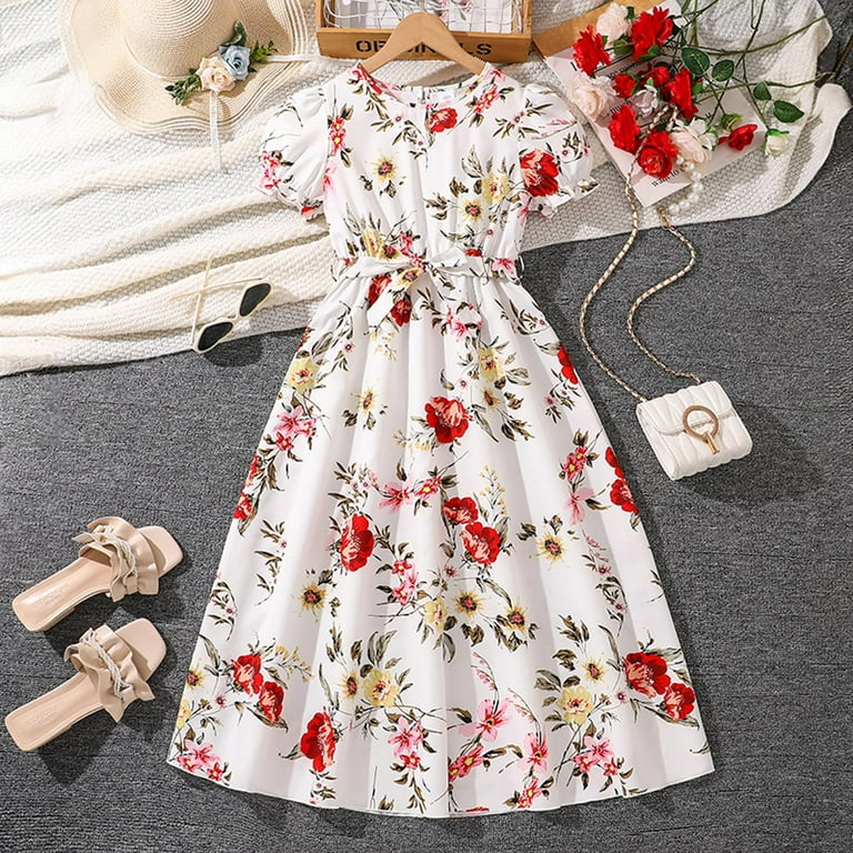 Gelikeya Flower Girl Dresses Girls 7-16 Kids Floral Dress for Wedding European Style Princess Dress Short Sleeve Casual Dress Summer Clothes(Tweens,