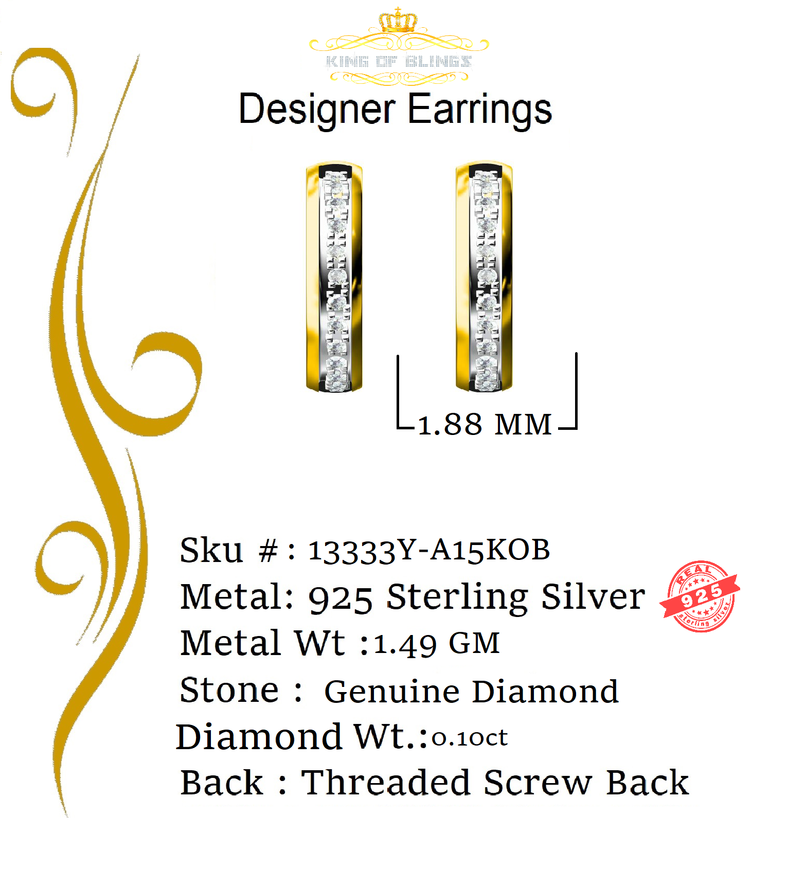 King of Bling's 0.10ct Diamond 925 Sterling Silver Yellow Hoop Stud Earrings For Men's / Women's