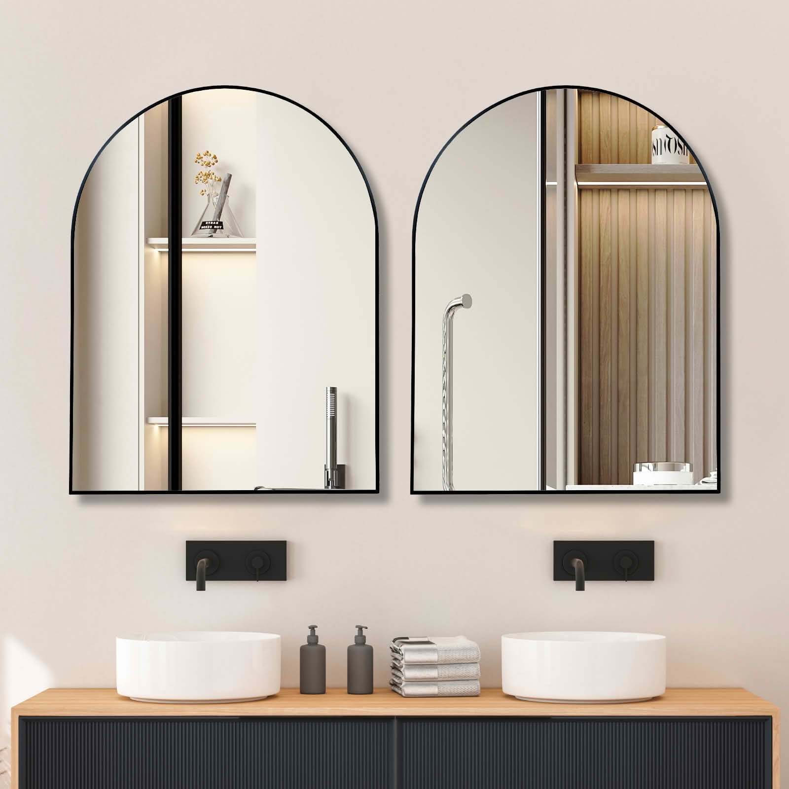 MAYEERTY 30x40 Inch Black Metal Framed Arched Bathroom Wall Mirror, for Oversized Bathroom Decor
