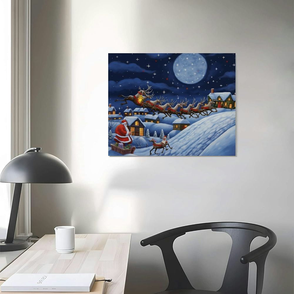 JRXY  Gallery Wrapped Canvas Christmas Wall Art Print for Holiday Decor,  Santa with Sleigh pattern2