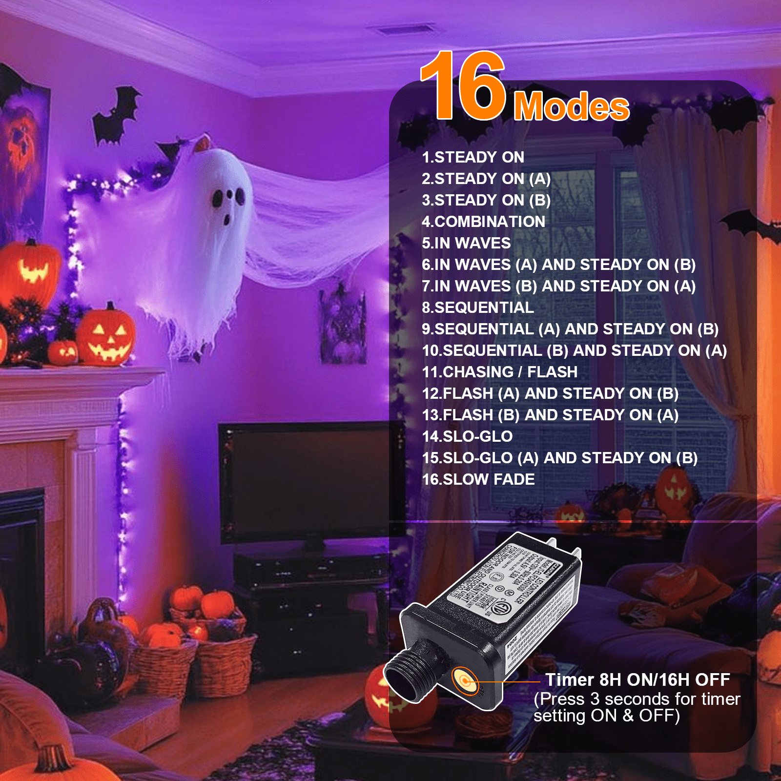 2 Pack Purple Halloween String Lights Outdoor, 32.5FT 100 LED Waterproof Christmas Lights with 16 Lighting Modes for Halloween Garden Party Christmas Xmas Tree Lights Decor