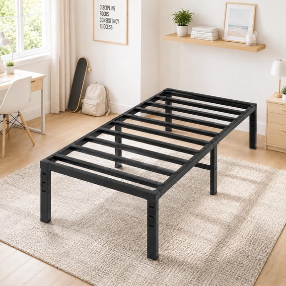 14-inch metal platform double bed frame, mattress base, heavy-duty steel frame support, no spring mattress required, black.