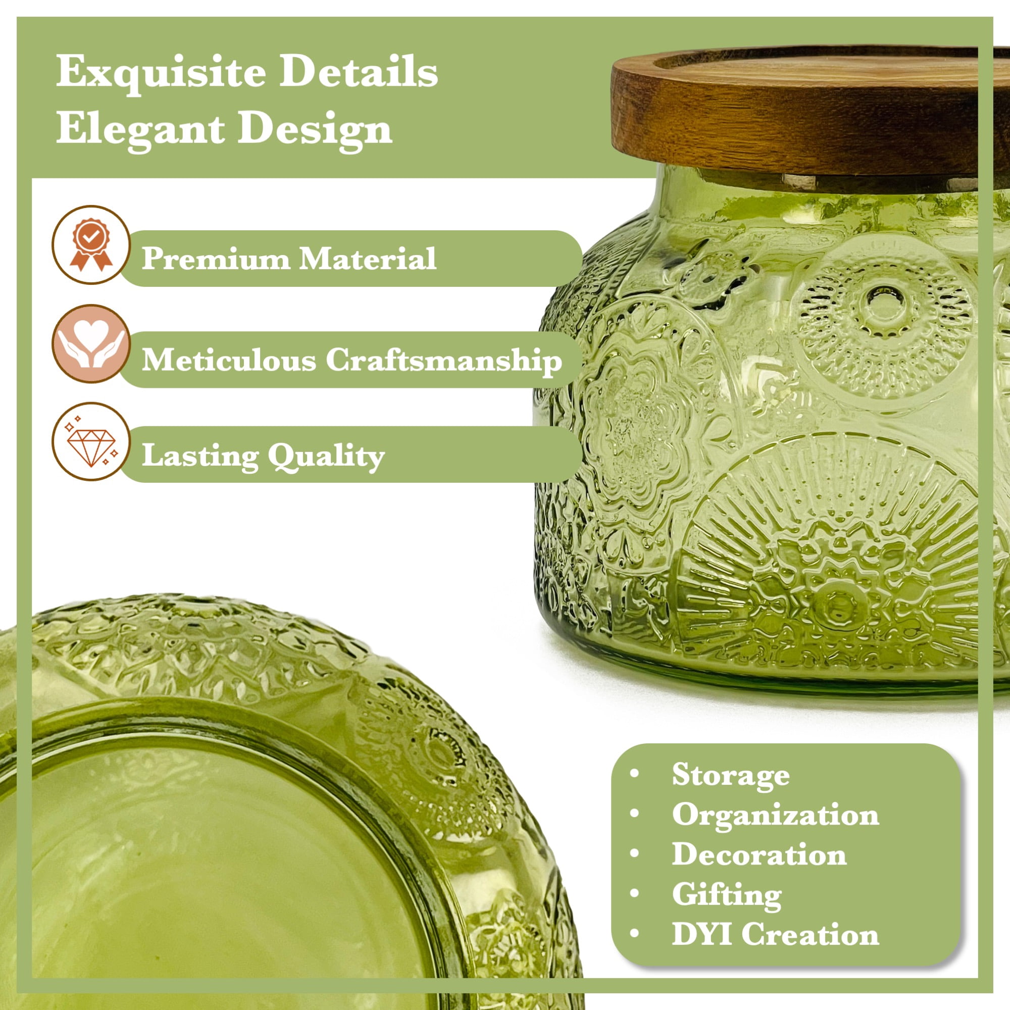Lingshine 24.5 oz Decorative Glass Jars with Airtight Wooden Lids - Green Flower, Vintage Kitchen Food Storage Containers for Cookie Candy Spice Coffee Tea, Home Decor Candle Vase