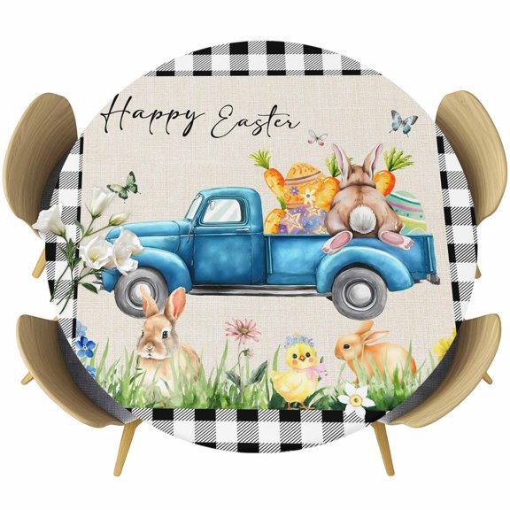 Black Plaid Easter Round Tablecloth, Fitted Table Cover with Elastic for 45"-54" Round Tables, Truck Spring Floral Bunny Animals Rustic Table Cloth Outdoor Indoor Dinning Party Waterproof Tablecloths