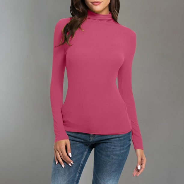 ICHUANYI Clearance Fashion Womens Solid Color Turtleneck Long Sleeve Knitting Tshirt Slim Blouse Tops(Hot Pink, XXL) ICHUANYI WER2023081402827