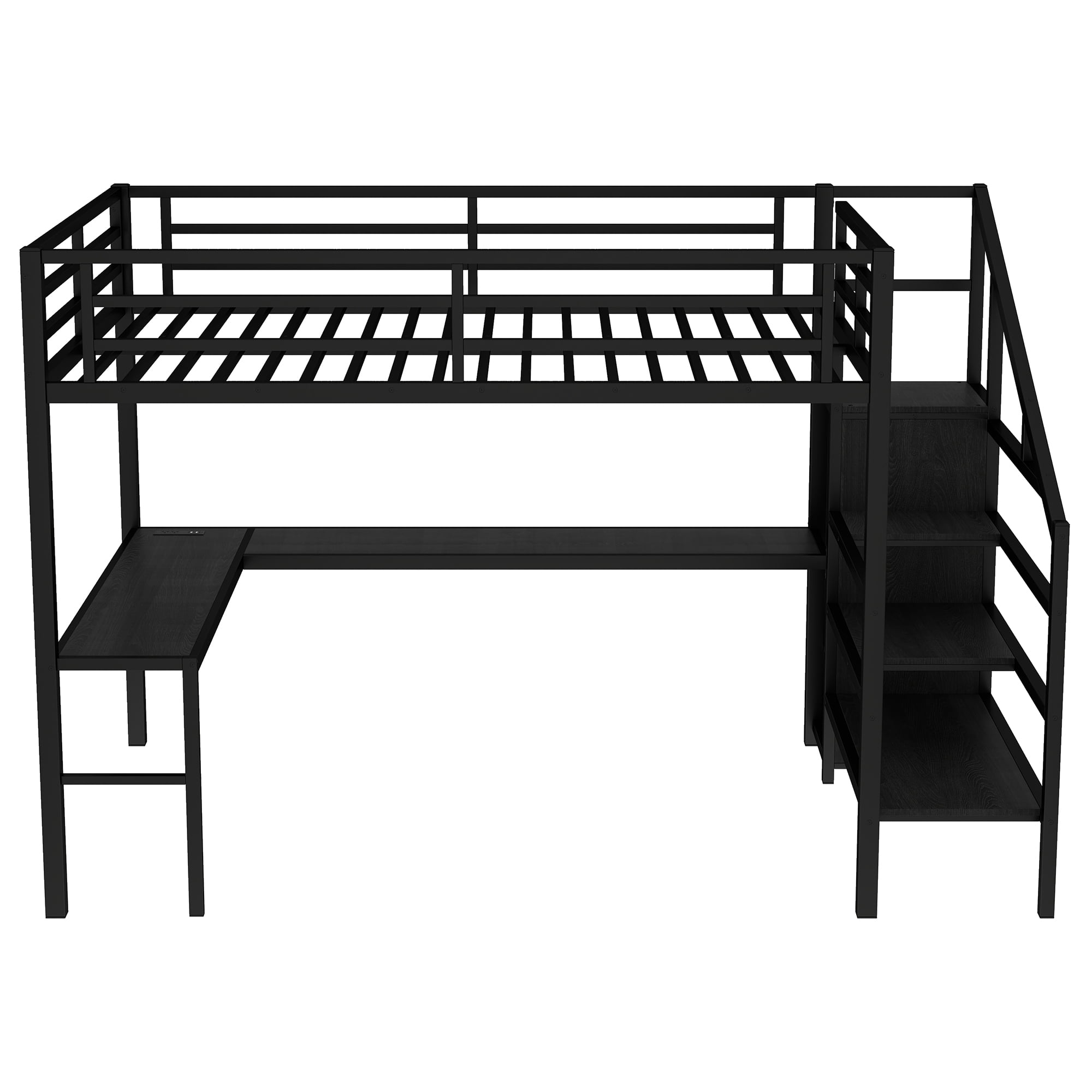 Aukfa Queen Size Loft Bed with L-Shaped Gaming Desk, Wardrobe, USB Ports & RGB Lights, Metal Loft Bed for Kids, Teens & Adults, Black