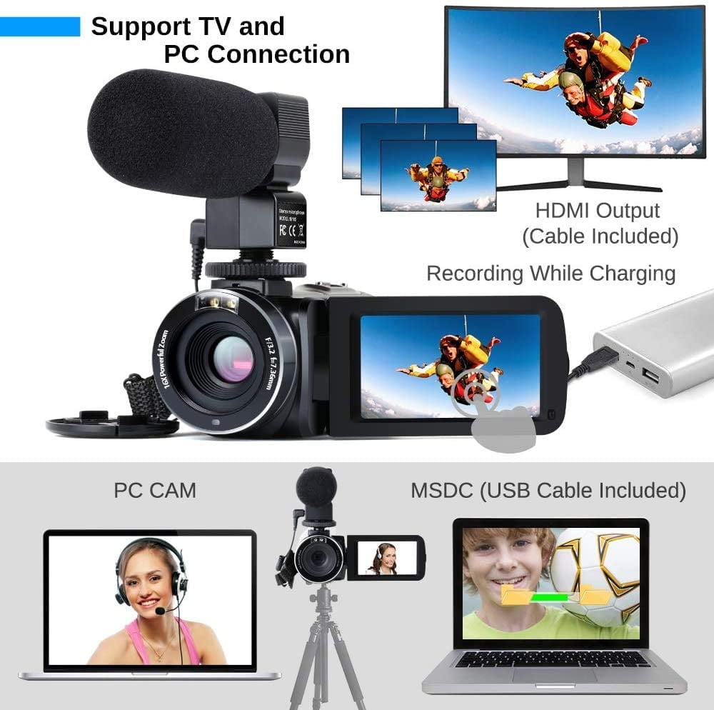 OIEXI 4K Camcorder Vlogging Camera for Youtube Ultra HD 4K 48MP Video Camera with Microphone & Remote Control Wifi Digital Camera 3.0" IPS Touch Flip Screen IR Night Vision 2 Batteries