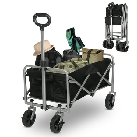 Funnil Collapsible Foldable Wagon Cart with Wheels, Multi-Purpose Big Bucket Cart, Garden Grocery Beach Cart for Outdoor Camping Shopping, Black