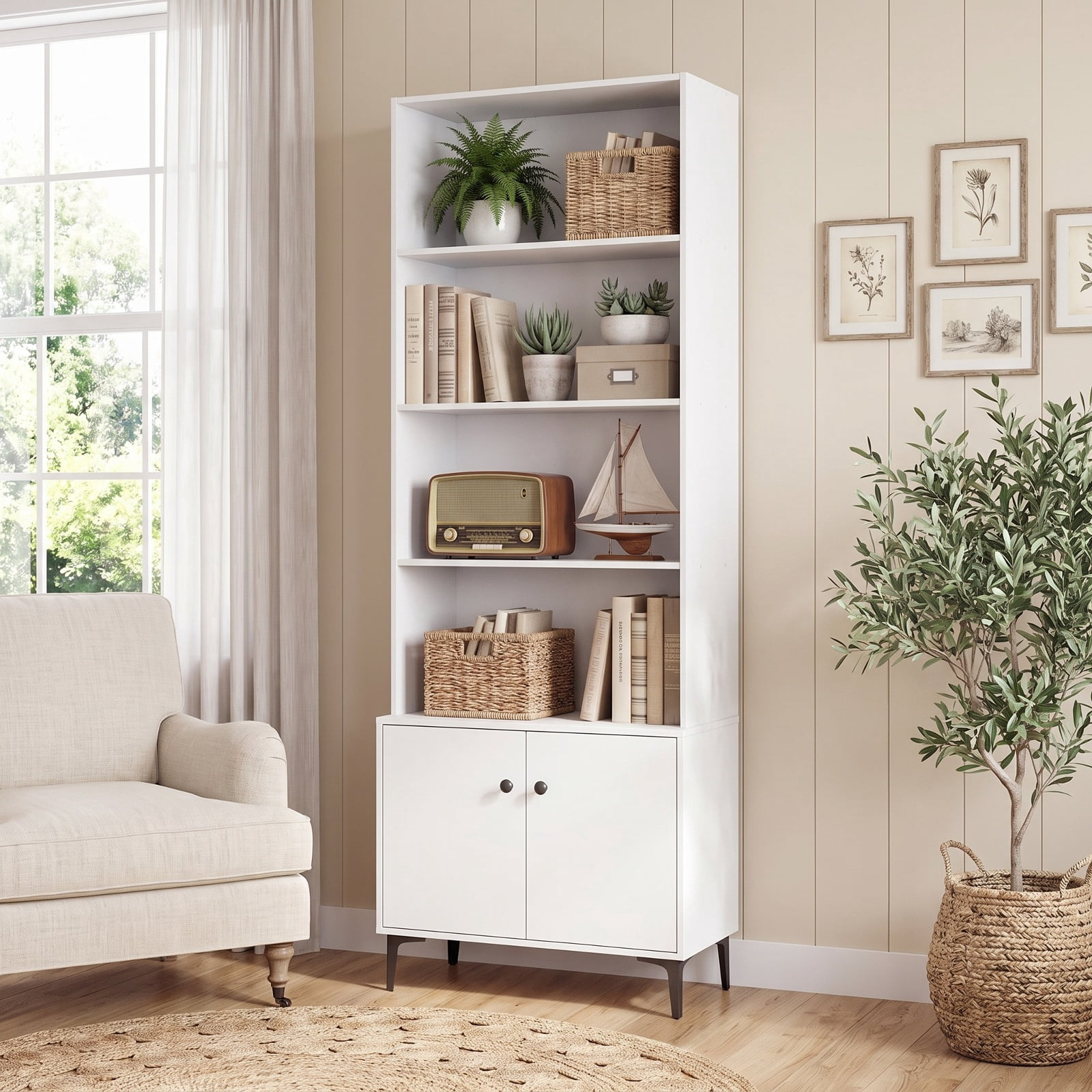 Furnibear Giantex Bookshelf with Doors and 2 Anti-Tipping Kits for Home Office for Living Room Home Office Bedroom Display Storage Shelf, White