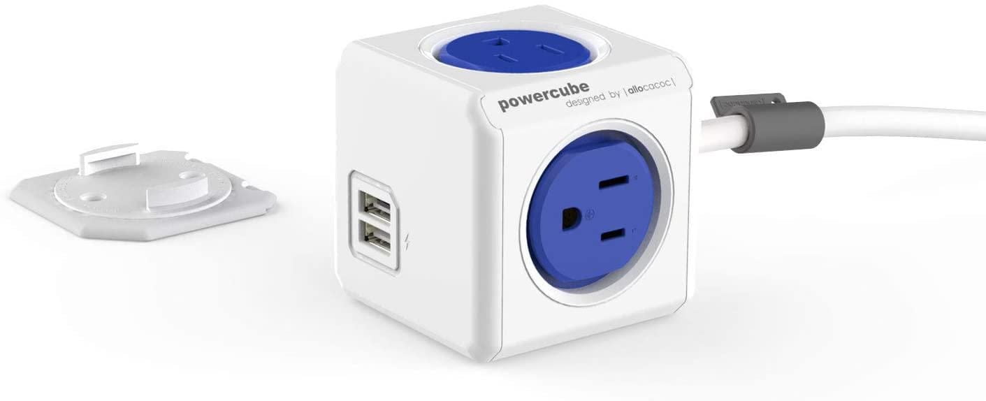 "PowerCube USB Extra Étendu, Parasurtenseur, Adaptateur de Prise Électrique, Rallonge de 5 Pieds, Multiprise avec 4 Prises et Double Port USB, Bleu"