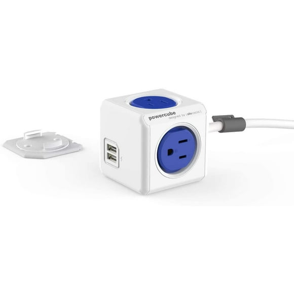 PowerCube Extra Extended USB, Surge Protector, Electric Outlet Adapter 5ft Extension Cord Power Strip with 4 outlets and Dual USB Port, Blue