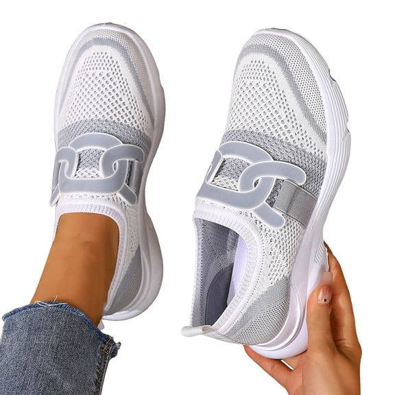 Walking Shoes Women Knit Mesh Slip on Breathable Running Shoes Fashion Color Block Lightweight Sneakers Gray Size 7