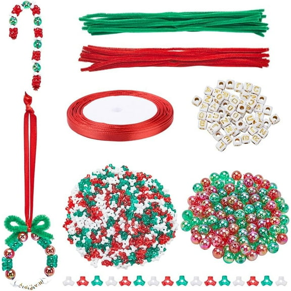 940Pcs Beaded Christmas Ornament Kit Christmas Craft Ornaments Red Green White Beads Chenille Stems Pipe Cleaners Acrylic Tri Beads