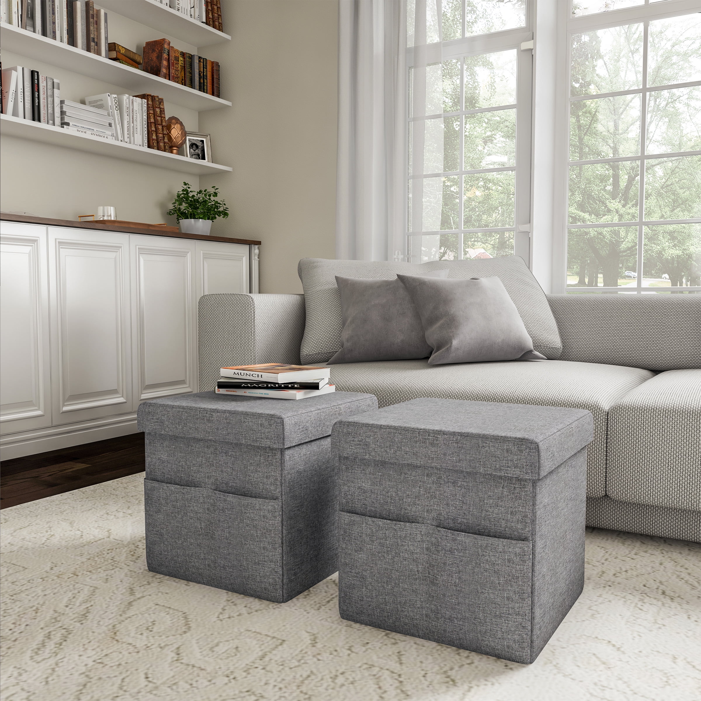Lavish Home Set of Two 15-Inch Folding Ottomans with Storage Pockets (Dark Gray)