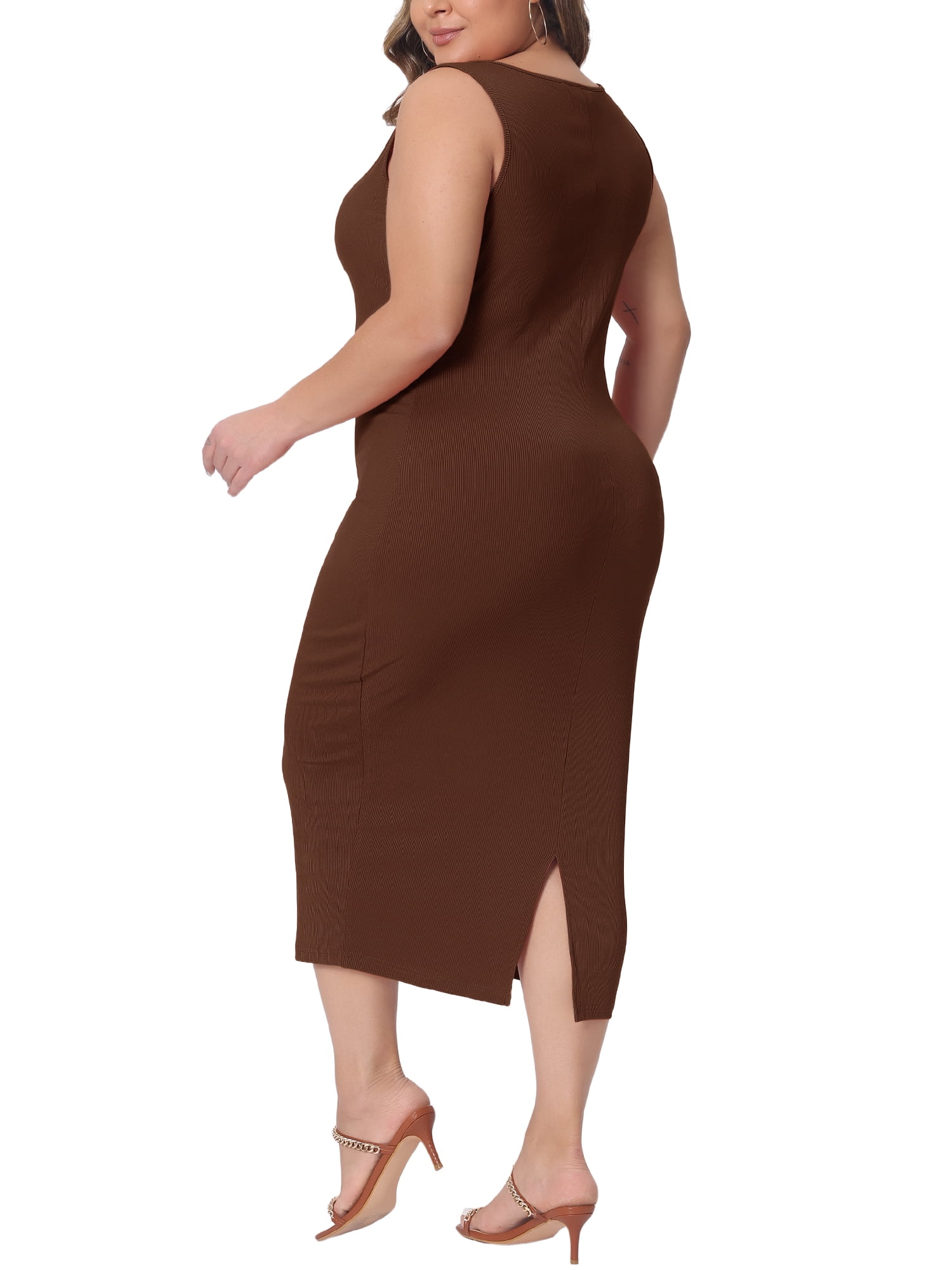 DARING DIVA Women's Plus Size Sleeveless Square Neck Bodycon Midi Tank Dress 1X Brown