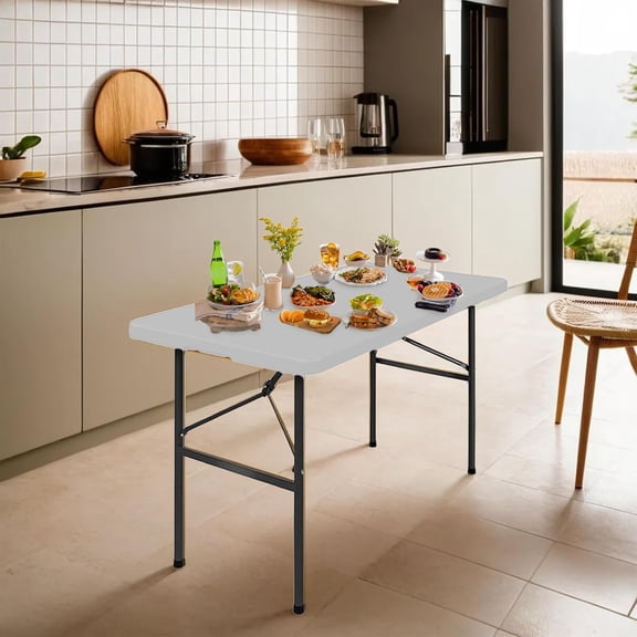 4ft Plastic Folding Table, Indoor Outdoor Heavy Duty Portable/Handle, Lock for Picnic, Party, Camping - White