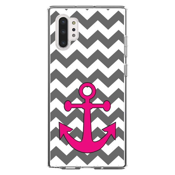 DistinctInk Clear Shockproof Hybrid Case for Galaxy Note 10 PLUS (6.8" Screen) - TPU Bumper, Acrylic Back, Tempered Glass Screen Protector - Grey White Pink Chevron Anchor - Nautical Design