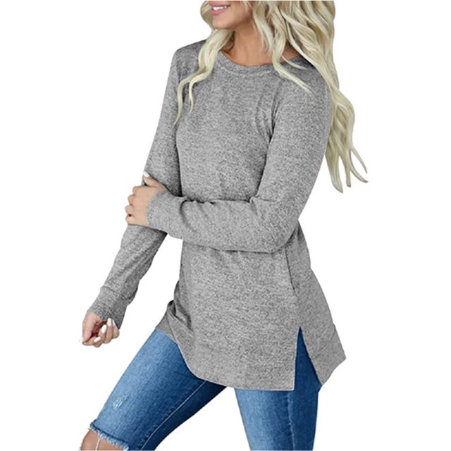 UKAP sudaderas ligeras de Color sólido para otoño para mujer, suéter holgado holgado con abertura lateral, Tops, sudadera informal de manga larga, Tops